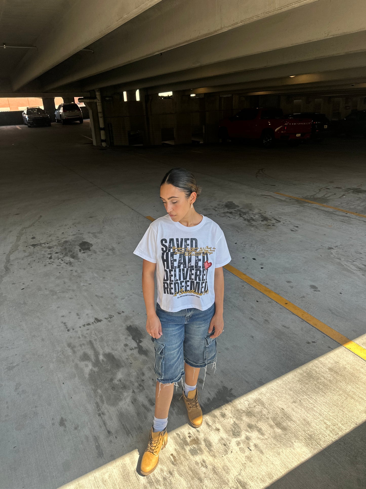 SAVED HEALED DELIVERED REDEEMED CROPPED TEE