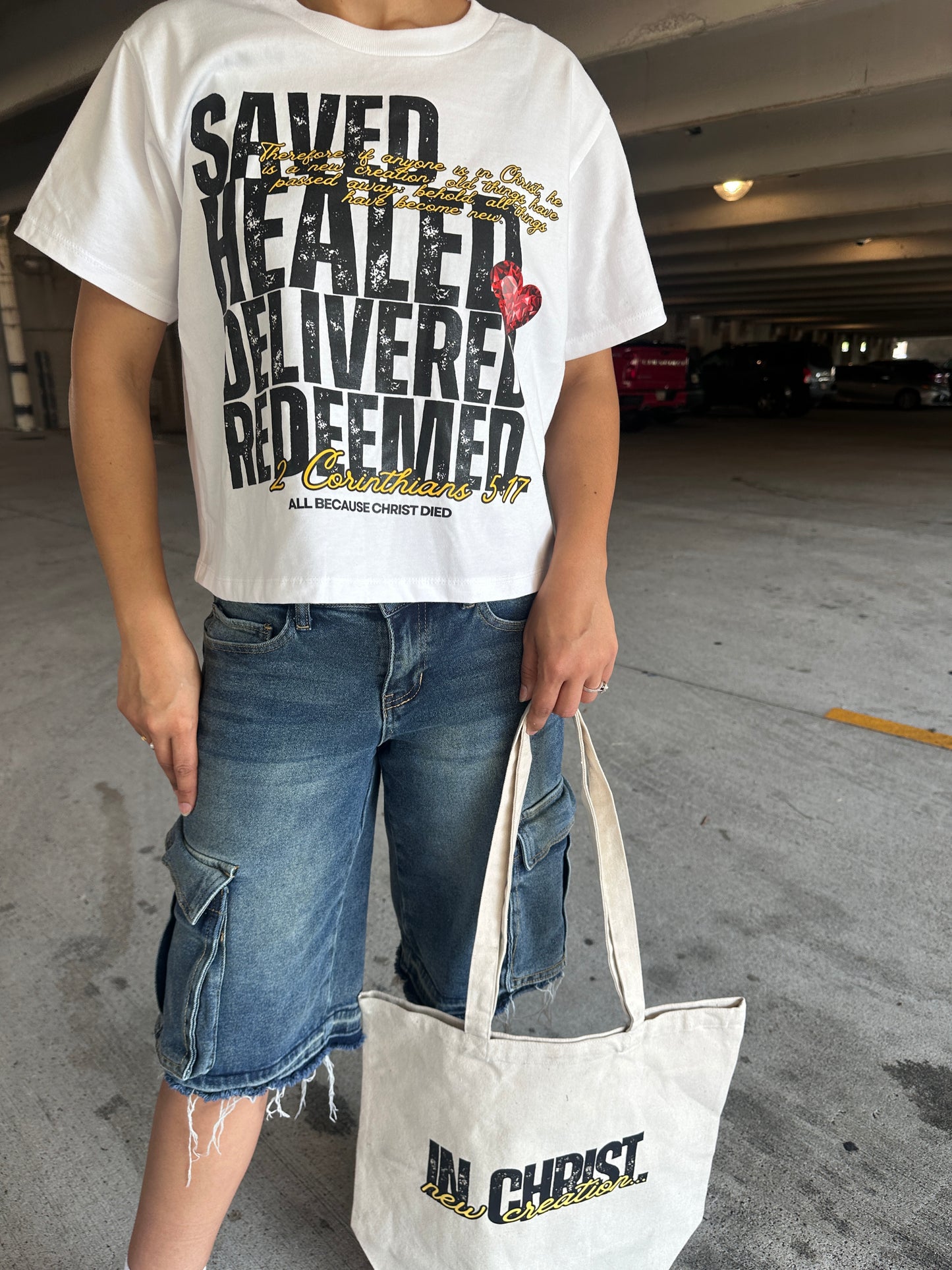 SAVED HEALED DELIVERED REDEEMED CROPPED TEE