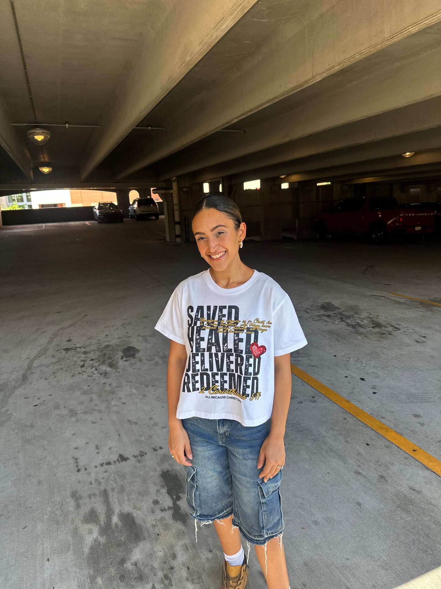 SAVED HEALED DELIVERED REDEEMED CROPPED TEE