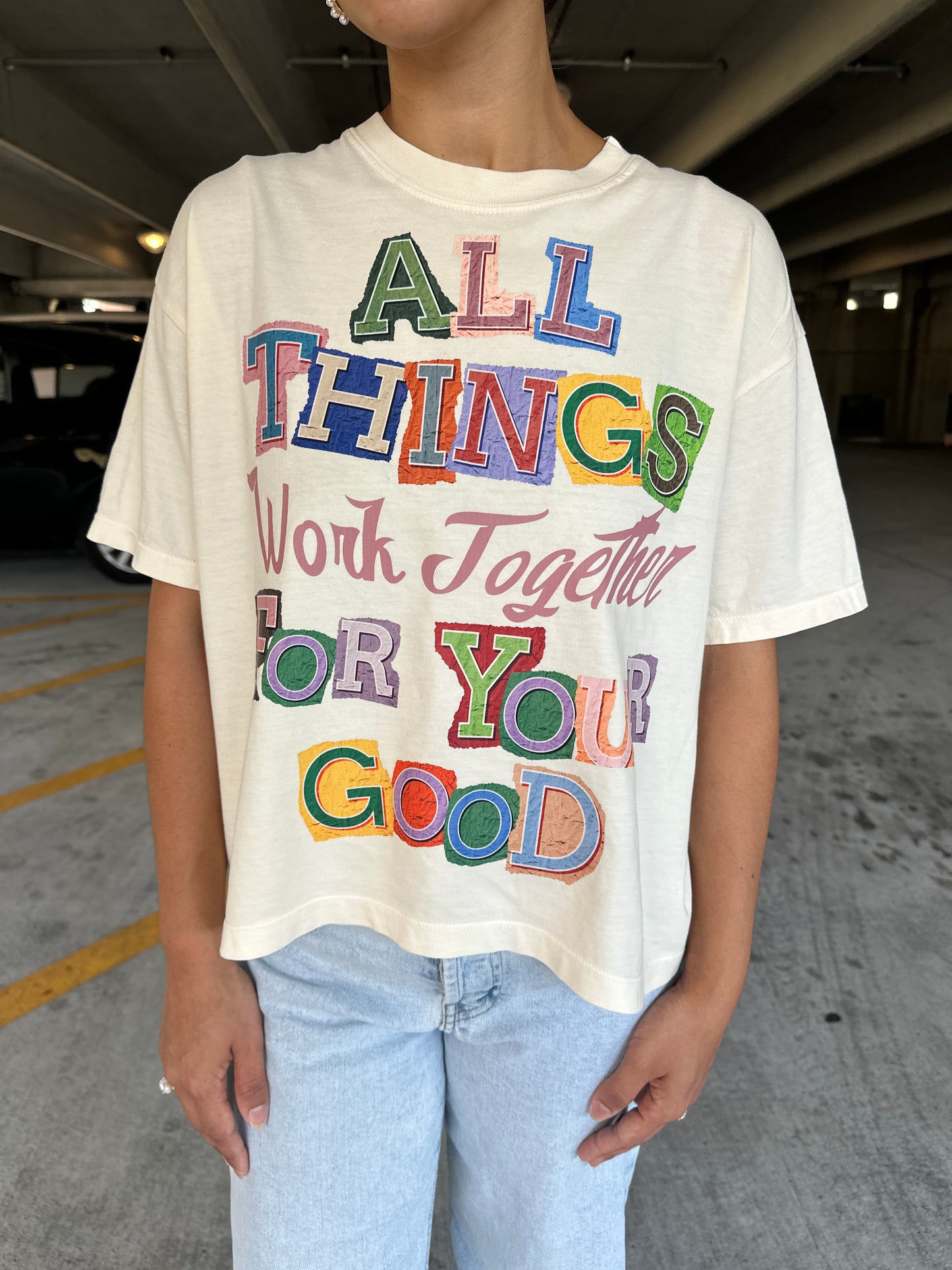 All Things Work Together” Cropped Tee – Romans 8:28 | ABCD (All Because Christ Died)