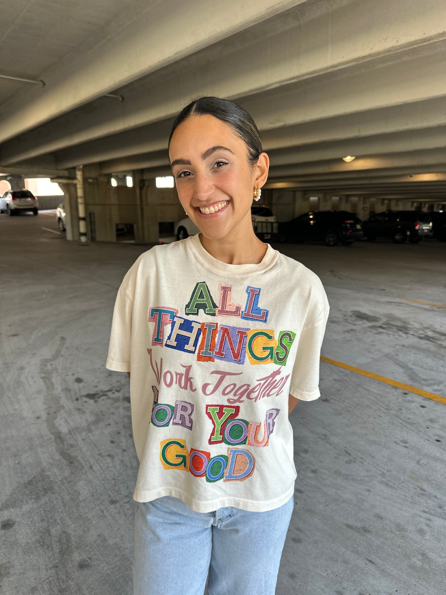 All Things Work Together” Cropped Tee – Romans 8:28 | ABCD (All Because Christ Died)