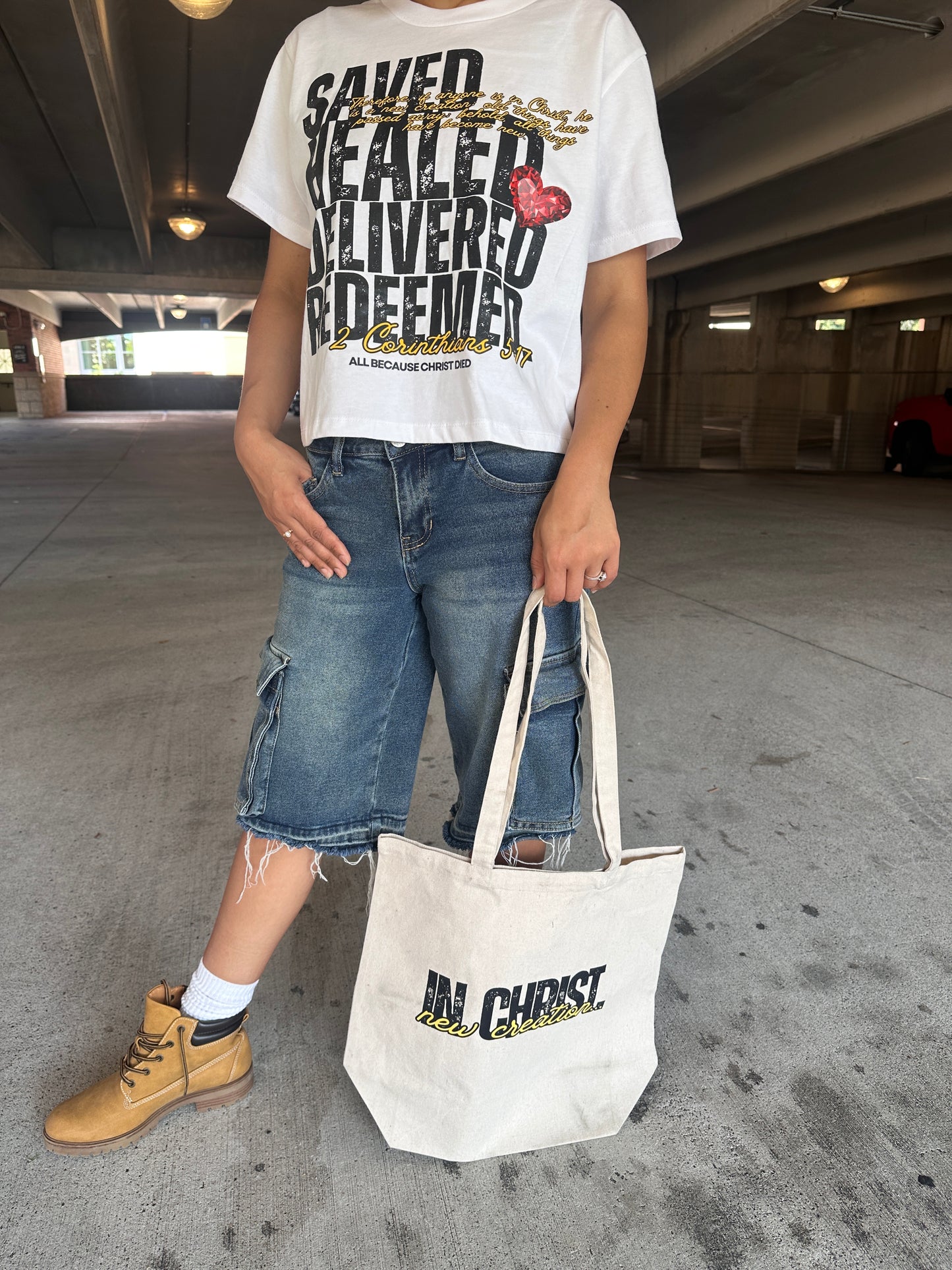 SAVED HEALED DELIVERED REDEEMED CROPPED TEE